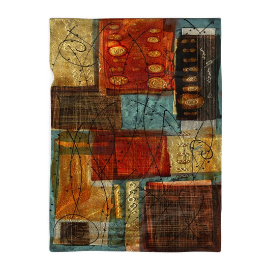 Gail Klevan Style anti-piling microfibre polar fleece throw blanket in abstract autumn lake colourway – brown, ochre, orange, teal, gold. Multiple sizes available for use on lap, sofa, couch or bed. Heavy, thick, warm blanket. Luxurious, soft, plush, cosy and comfy. Suitable for all seasons in the home, adding a decorative touch to decor. Designed by art jewellery designer and artist from London. Can also be used in basket or on ladder.